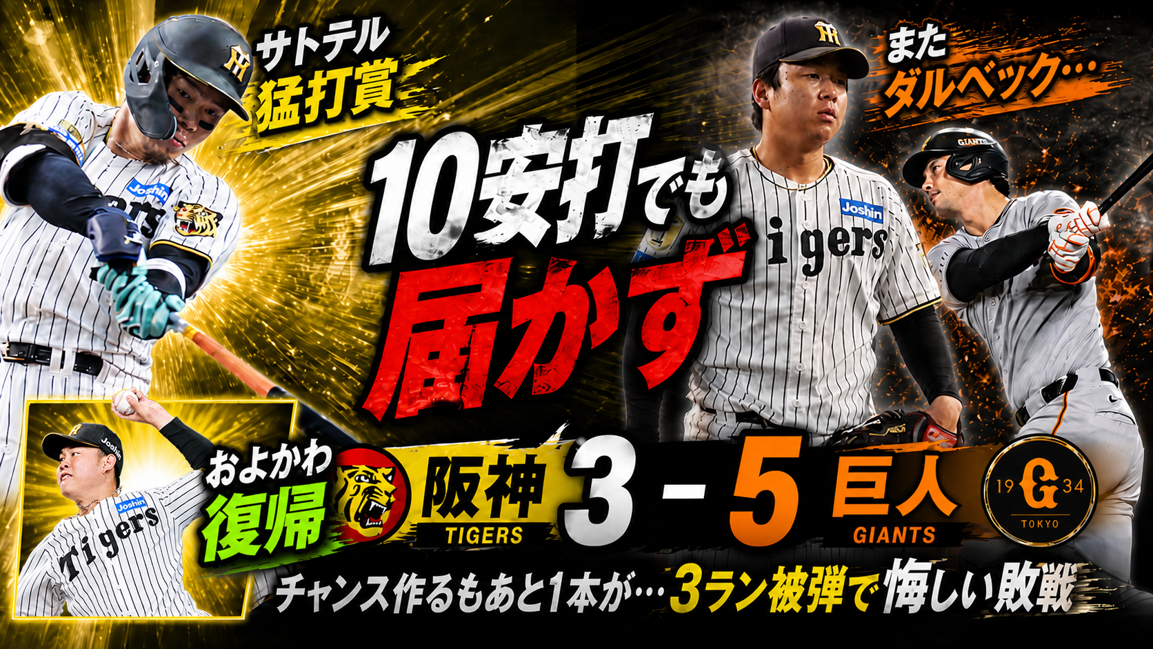 阪神3-5巨人 10安打3点止まり・佐藤輝明180.9キロ・及川復帰