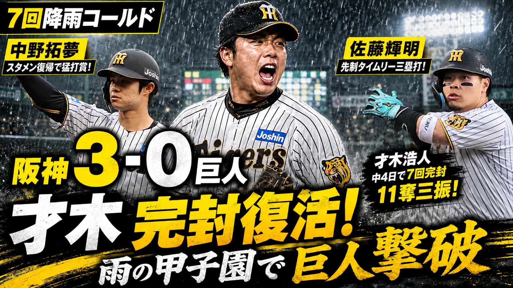阪神3-0巨人 才木浩人完全復活・梅野バッテリー・降雨コールド