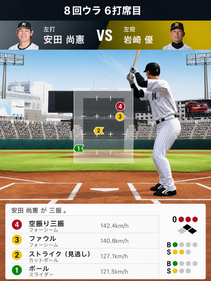 安田尚憲 vs 岩崎優 8回裏6打席目 ストライクゾーンに4球の配球プロット 4球で空振り三振 フォーシーム142.4km/h