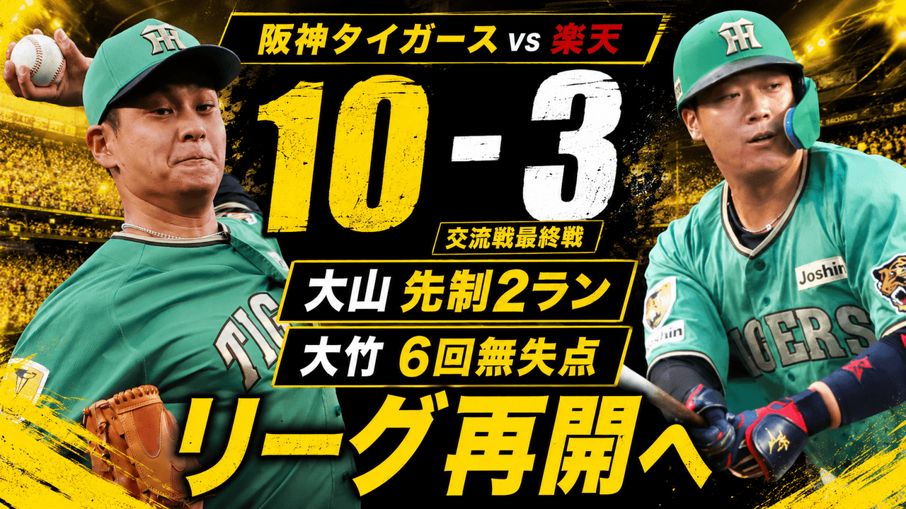 阪神10-3楽天 6/17 交流戦最終戦快勝 大山悠輔が前田健太から先制2ラン 大竹耕太郎6回60球無四球無失点 打線12安打10得点 8回表3失点 交流戦6勝12敗 リーグ再開へ