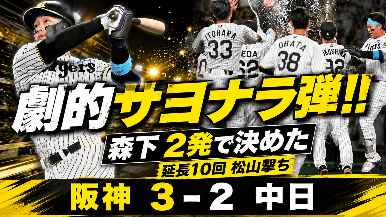 阪神3-2中日 6/30 延長10回サヨナラ 森下翔太2本塁打 6回18号同点 10回松山晋也から19号サヨナラ弾 才木7回1失点 濱田同点打