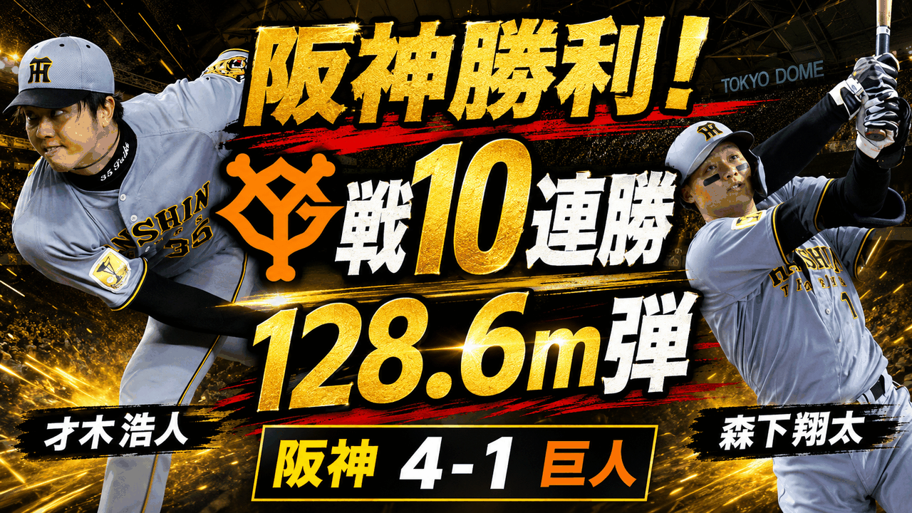 阪神4-1巨人 森下翔太128.6m弾 才木浩人7回無失点巨人戦10連勝 大山悠輔8球勝負タイムリー キャベッジ天井打と8回本塁打 岩崎優ドリスの継投