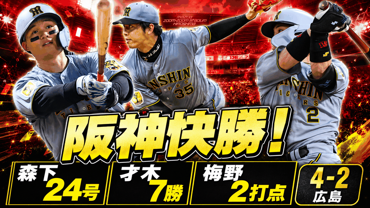 阪神4-2広島 森下翔太24号2ラン 才木浩人8回130球7勝目 梅野隆太郎犠牲フライタイムリー2打点 佐藤輝明ノーヒット 大山悠輔4出塁 前川右京死球