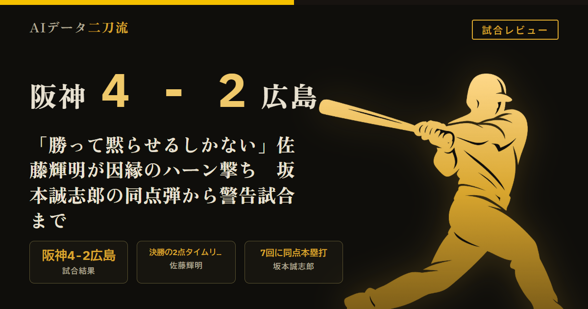 阪神4-2広島 7/19 佐藤輝明決勝タイムリー 坂本誠志郎同点本塁打 村上頌樹6回121球 中野拓夢神走塁 立石正広センター返し 大山悠輔死球 警告試合
